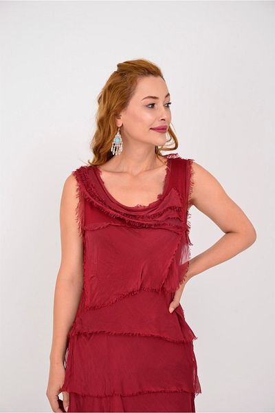 Bohem Stil Rochie de mătase burgundy italiană, mărimea 2, subțire, cu straturi
