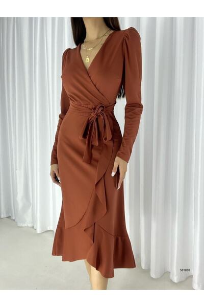 merlavin Креп-тканина, середньої довжини, з поясом, довгі рукави (цегляний)