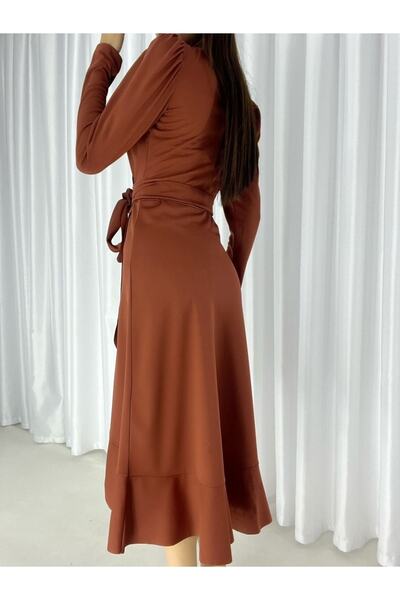 merlavin Креп-тканина, середньої довжини, з поясом, довгі рукави (цегляний)