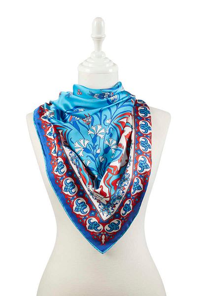 Bursa İpek Red Saks Turkish Motif Çintemani Carnation Pattern Silky Scarf