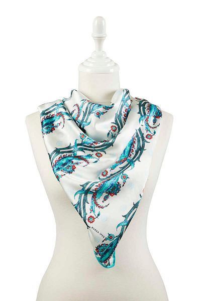 Bursa İpek Emerald Mint Turkish Motif Ivy Pattern Silky Scarf