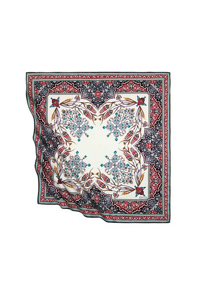 Bursa İpek Red Khaki Turkish Motif Candlestick Tulip Pattern Silky Scarf