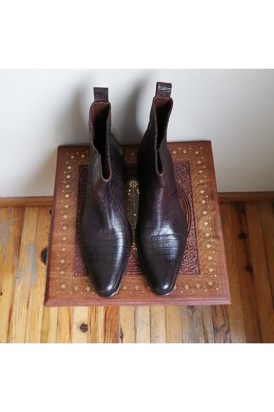 MOCASSINI Erkek Hakiki Deri Kahve Kroko Baskılı Ince Gizli Lastikli Hakiki Kösele Tabanlı Kovboy Bot