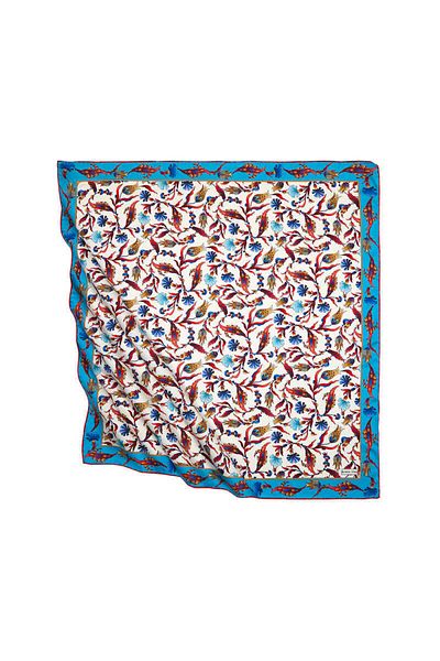 Bursa İpek Blue Red Turkish Motif Carnation Tulip Pattern Silky Scarf