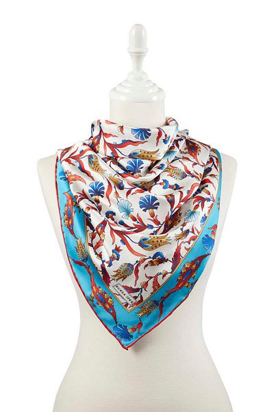 Bursa İpek Blue Red Turkish Motif Carnation Tulip Pattern Silky Scarf