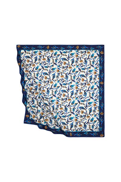 Bursa İpek Navy Blue Saks Turkish Motif Carnation Tulip Pattern Silky Scarf