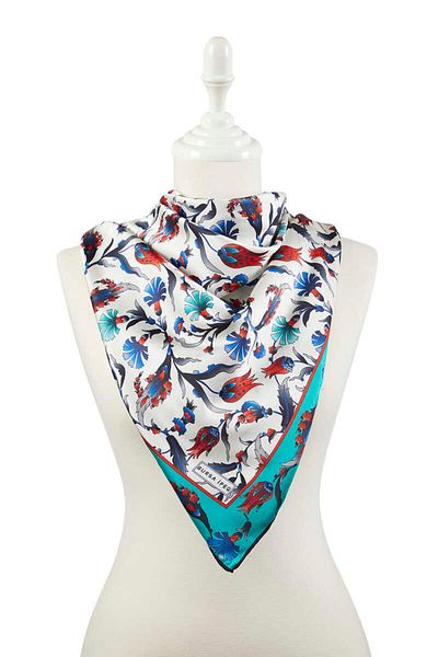 Bursa İpek Petrol Black Turkish Motif Carnation Tulip Pattern Silky Scarf