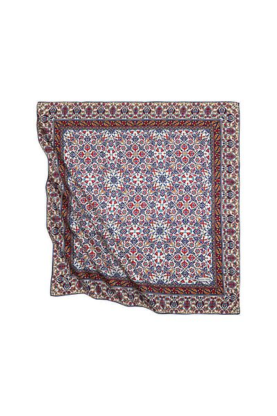 Bursa İpek Navy Blue Mustard Turkish Motif Tile Pattern Silky Scarf