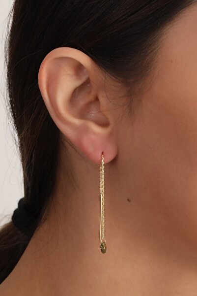 KAR DİAMOND 925 Ayar Gümüş Altın Kaplama Sarı Oval Taşlı Sallanan Küpe