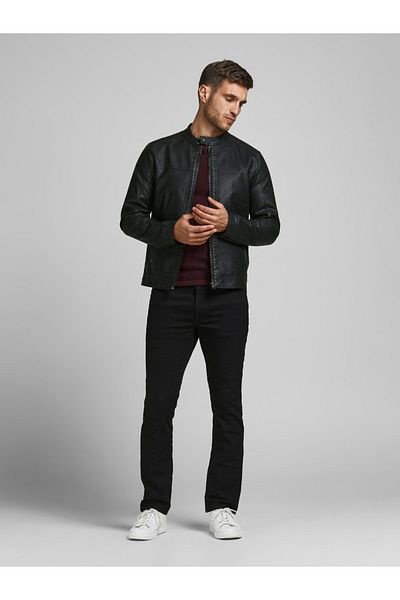 Jack & Jones جاك آند جونز سترة جلدية سوداء بقصة ضيقة للرجال 12182461