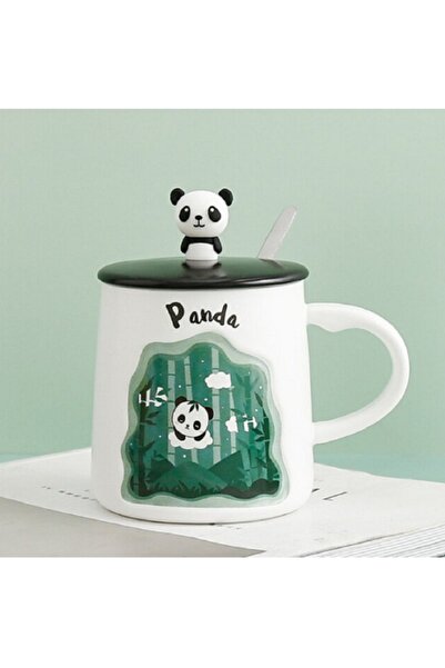 hediyeconcepti 400ml Cute Panda Cup with Lid and Spoon
