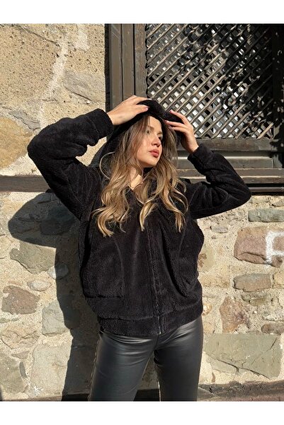 BazarTR سترة قطيفة سوداء بغطاء للرأس