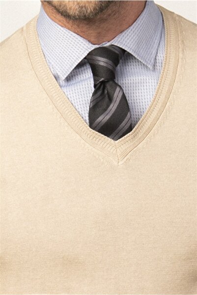 Tudors Erkek Standart Fit Normal Kesim V Yaka Pamuklu Taş Triko Kazak