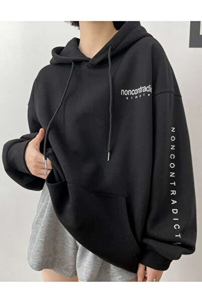 Be Original Hanorac cu glugă oversize, imprimat fără contradicții, cu 3 fire ...