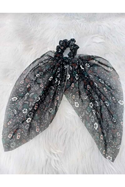Elvinege Aksesuar Çiçek Desenli Siyah Renk Şifon Fularlı Simit Toka - Fular Toka