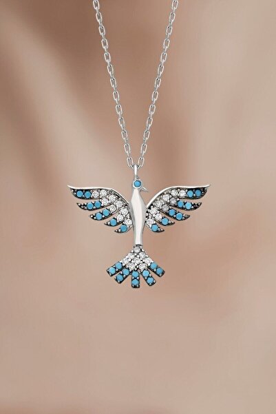 KAR DİAMOND 925 Ayar Gümüş Zincirli Zirkon Taşlı Zümrüdü Anka Kuşu Kolye