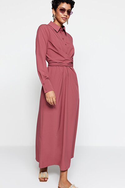 Trendyol Modest Szárított rózsa fűzős, részletes fél ejtőernyős szövetből készült, szőtt ruha TCTSS23EB00103