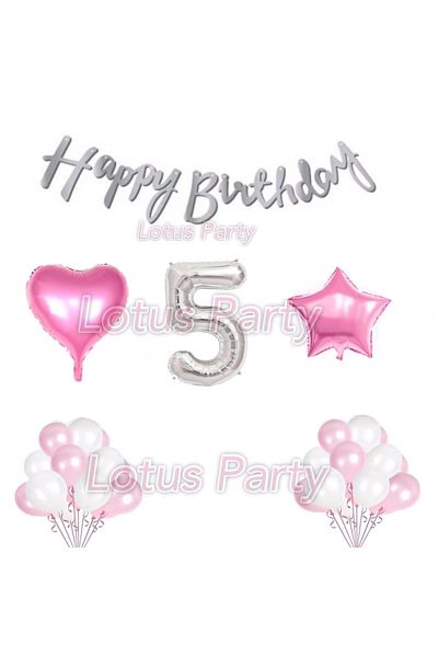 LOTUS PARTY 5 Year Old Birthday Set - Foil Number - Pink Heart and Star - Happy Text - 20 Balloons