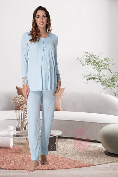 lohusahamile Set de pijamale de maternitate cu dantelă albastră Effortt 9042