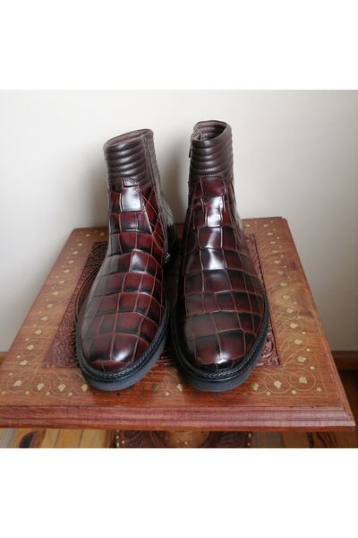 MOCASSINI Erkek Hakiki Deri Kahve Kroko Baskı Kahve Kombin Fermuarlı Yumuşak ...