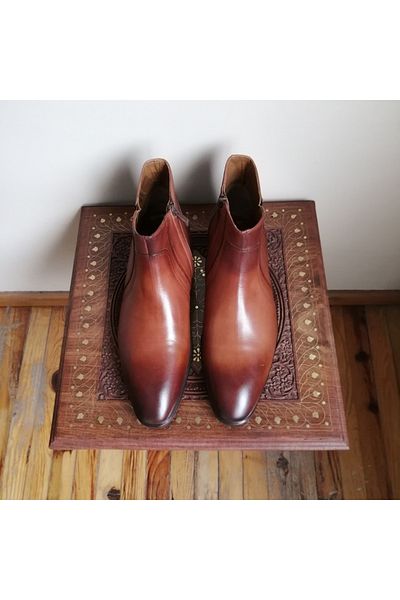 İnci Men's Genuine Leather Tan Burning Antique Shaded Zippered Elastic Hard Non-Slip Rubber Sole Boots