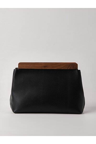 HEYBE'S Kadın Siyah Hakiki Deri Ahşap Aksesuarlı Clutch El Çantası