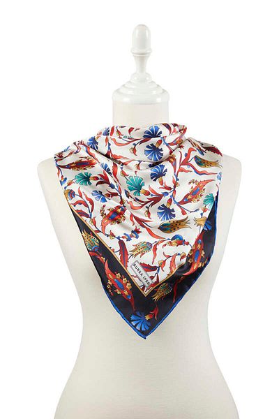 Bursa İpek Black Saks Turkish Motif Carnation Tulip Pattern Silky Scarf