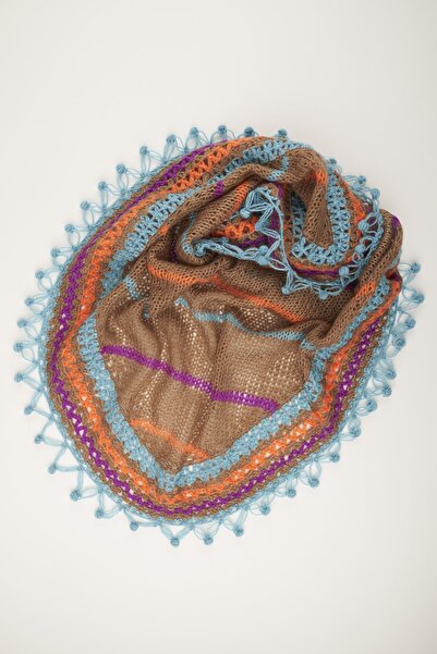 pinknite Camel Çizgili Üçgen Şal / Atkı Kadın Yünlü Örgü