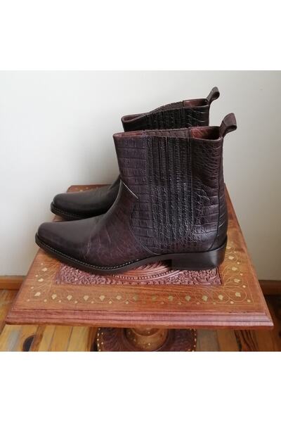 MOCASSINI Erkek Hakiki Deri Kahve Kroko Baskılı Ince Gizli Lastikli Hakiki Kösele Tabanlı Kovboy Bot