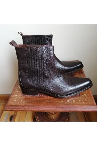 MOCASSINI Erkek Hakiki Deri Kahve Kroko Baskılı Ince Gizli Lastikli Hakiki Kösele Tabanlı Kovboy Bot