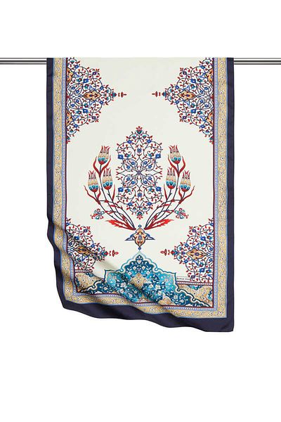 Bursa İpek Gold Navy Blue Candlestick Pattern Large Silky Scarf
