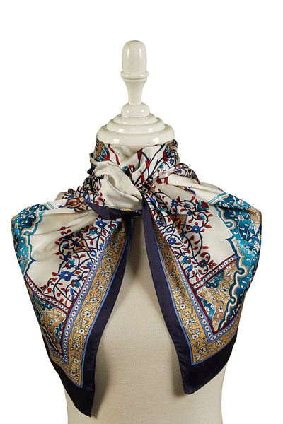Bursa İpek Gold Navy Blue Candlestick Pattern Large Silky Scarf