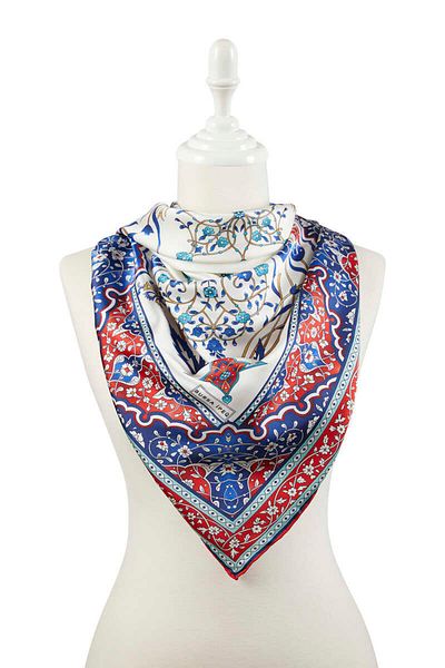 Bursa İpek Red Saks Turkish Motif Candlestick Tulip Pattern Silky Scarf