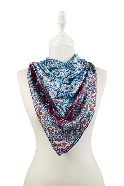 Bursa İpek Navy Blue Turquoise Turkish Motif Tile Pattern Silky Scarf