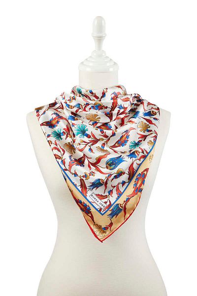 Bursa İpek Gold Red Turkish Motif Carnation Tulip Pattern Silky Scarf