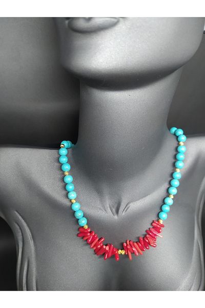 LUCK Turquoise Turquoise Natural Stone, Red Coral Natural Stone Necklace
