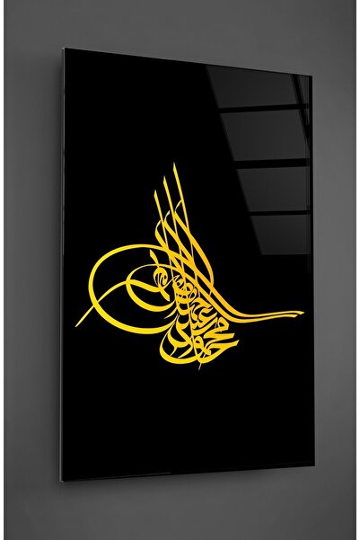 TAULART Вертикален стъклен панел с османски печат на черен фон