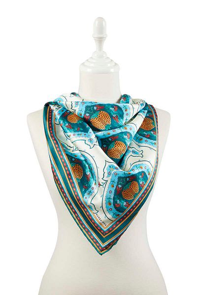 Bursa İpek Emerald Turkish Motif Pomegranate Pattern Silky Scarf