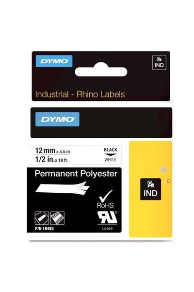 Dymo Rhino Pro 12 MMx5.5 MT White Black Tag - Fixed Plastic