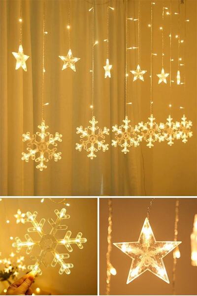 epazzar Kar Tanesi Yıldız Perde Led Işık 8 Fonksiyonlu Fişli Ve Eklenebilir, Yılbaşı Dekor Vitrin Süsleme