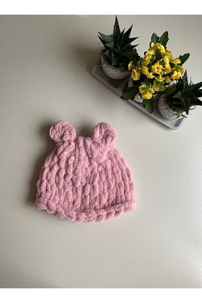 pofidik örgülerim Powder Pink Unisex Baby Hand Knitted Puffy Hat