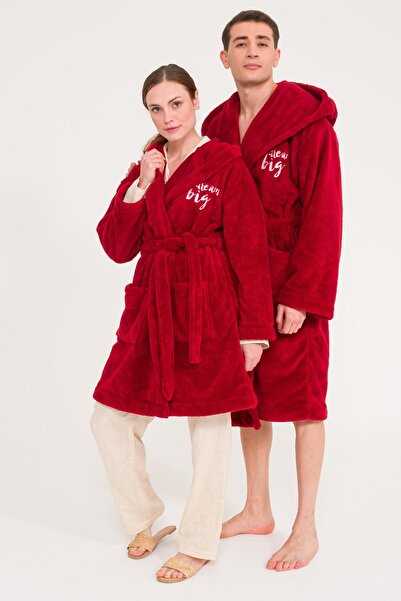 Miespiga Uzun Kapüşonlu Welsoft Bordo Peluş Sabahlık Aile Seti