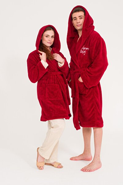 Miespiga Uzun Kapüşonlu Welsoft Bordo Peluş Sabahlık Aile Seti