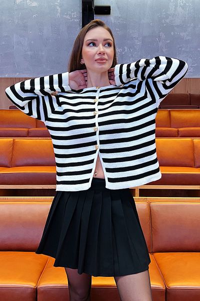 Lafaba Weiß gestreifter, wattierter Strick-Cardigan mit goldenen Knöpfen und Rundhalsausschnitt für Damen