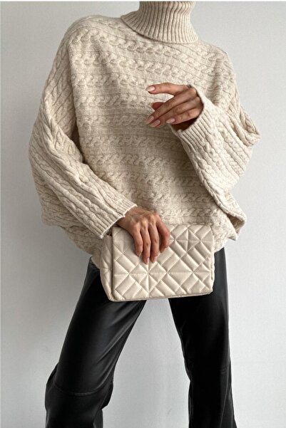 FEMELLE Női bézs garbós pulóver denevér ujjú pulóver