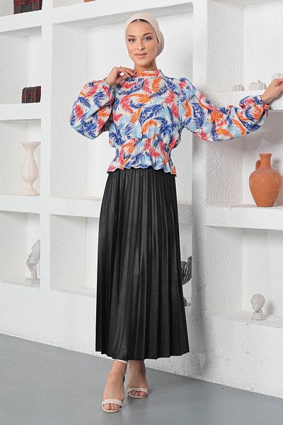 Modamihram Blue Patterned Elastic Blouse - MİH19800