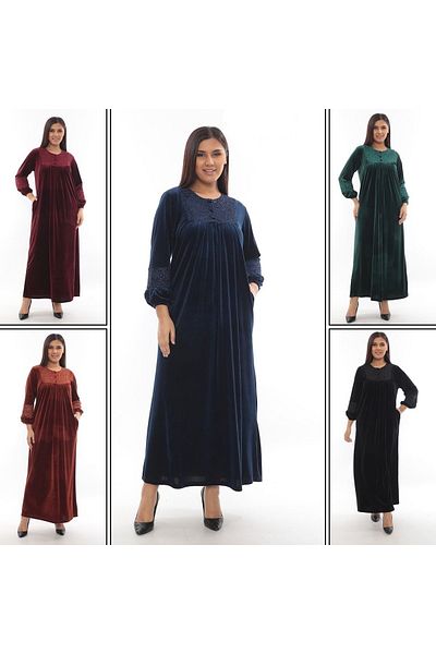 Mer's Women's Black Velvet Long Dress with Stone and Lace Detail