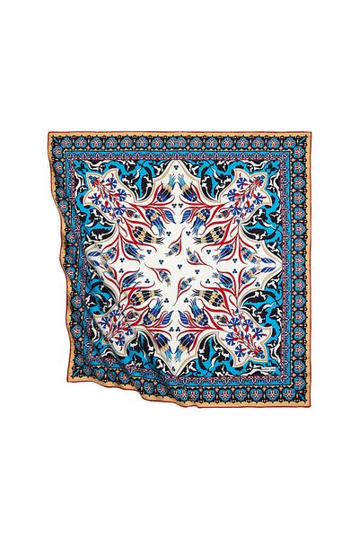 Bursa İpek Turquoise Mustard Turkish Motif Çintemani Carnation Pattern Silky Scarf