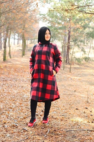 Aşkı Endam Plus Size Hooded Zippered Fleece Cap - Red Plaid
