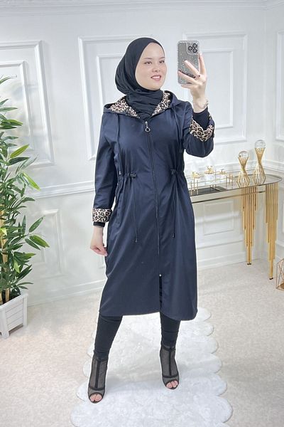 Aşkı Endam Double Sleeve Leopard Bondit Hooded Trench - Navy Blue